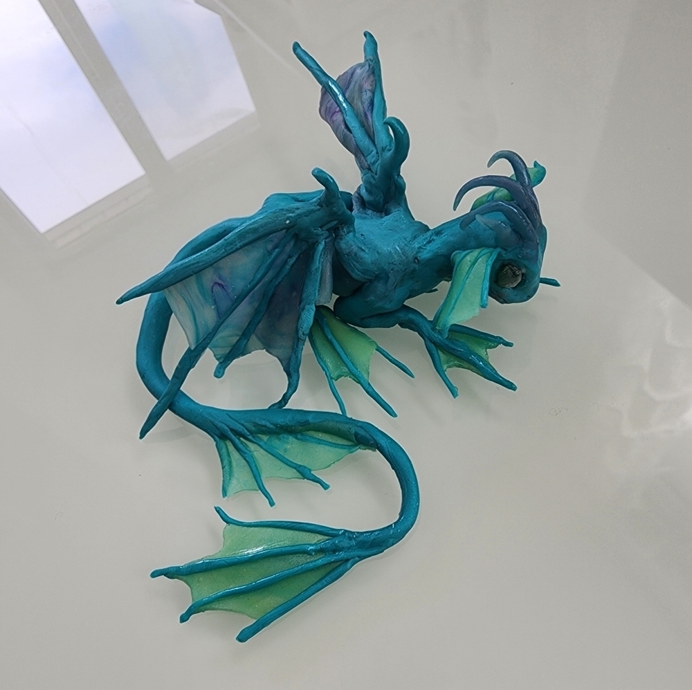 Handmade Aquatic Dragon - Polymer Clay Sculpture - Fantasy Creature Figu…